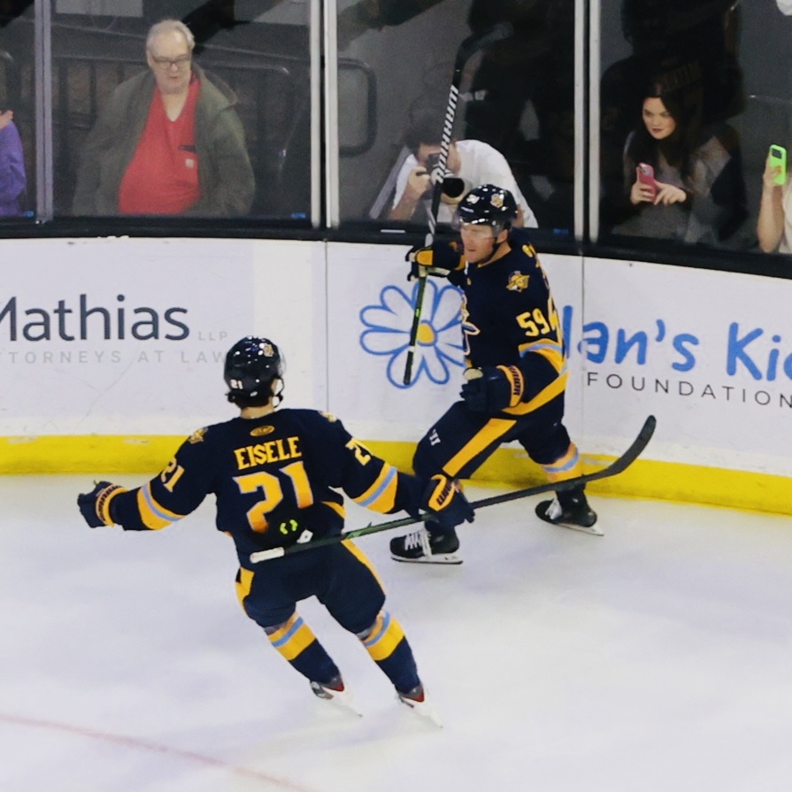 Two hockey players celebrating on the ice, one with the number 21, Eisele, and the other with the number 54, in front of spectators behind glass.