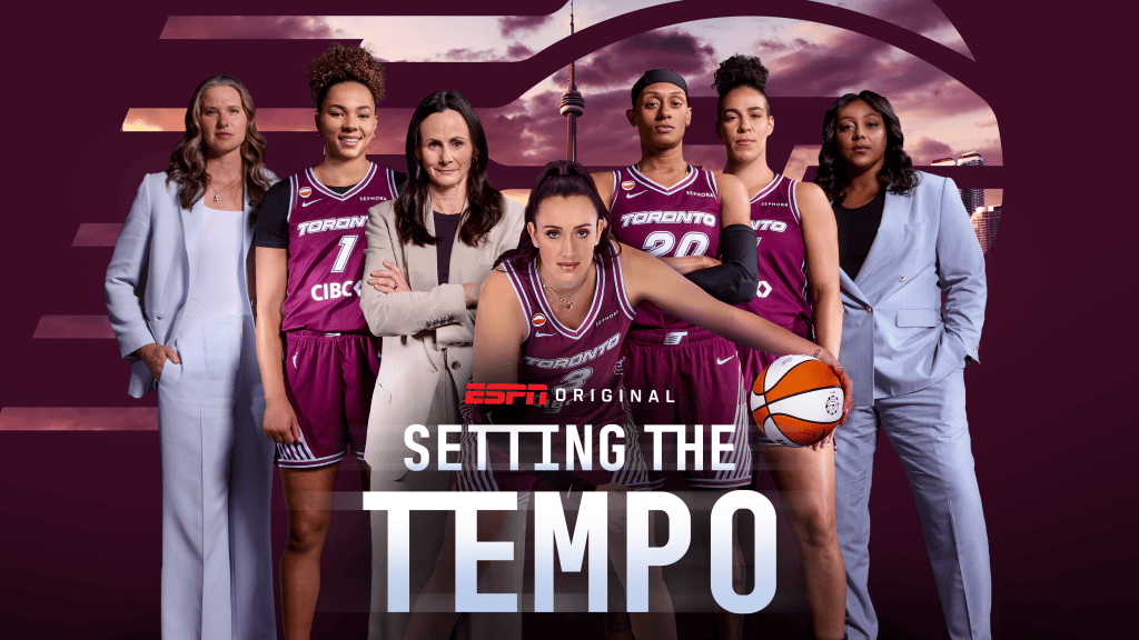 A group of six women in basketball uniforms and stylish outfits, featuring the text 'SETTING THE TEMPO' and the ESPN logo, with a city skyline in the background.