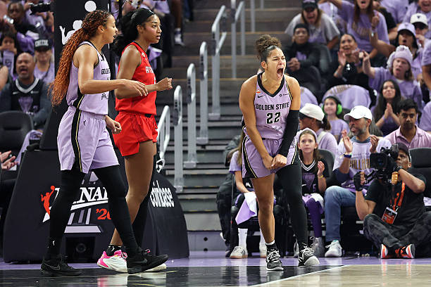 Three basketball players on the court during a game, with one player celebrating energetically while the others show various emotions.