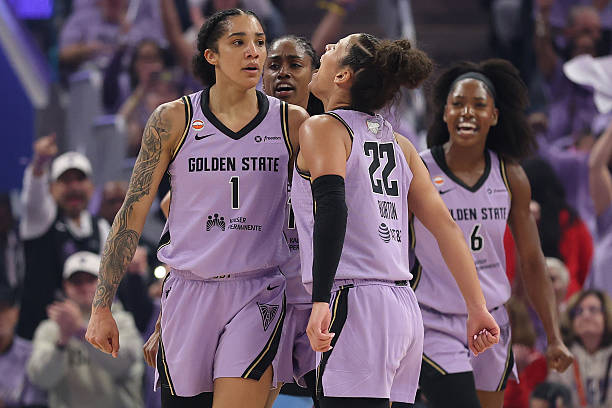 Four members of the Golden State women's basketball team celebrating on the court, wearing purple jerseys.